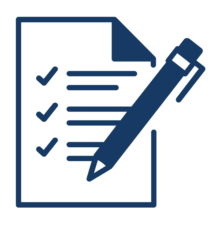 A navy icon of a checklist, pencil, and a puzzle piece