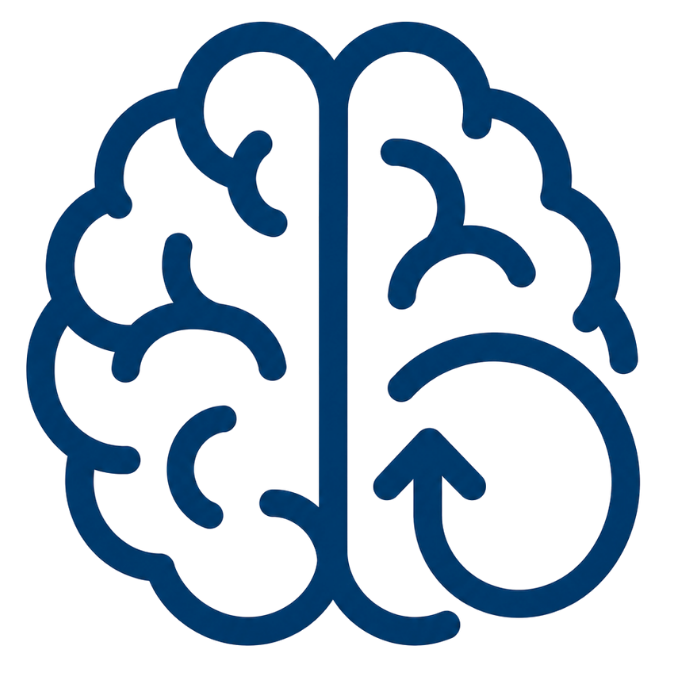 A navy icon of a brain from the top view with an arrow in a circle