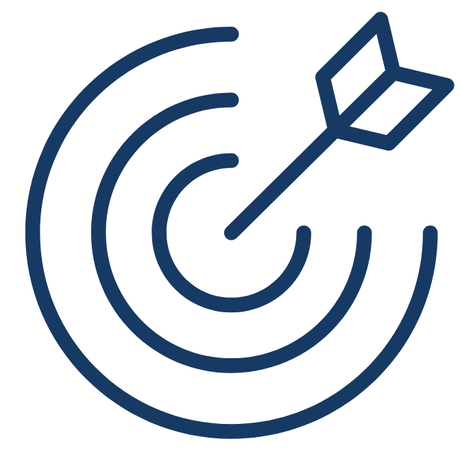 A navy icon of a target and arrow hitting the bullseye center