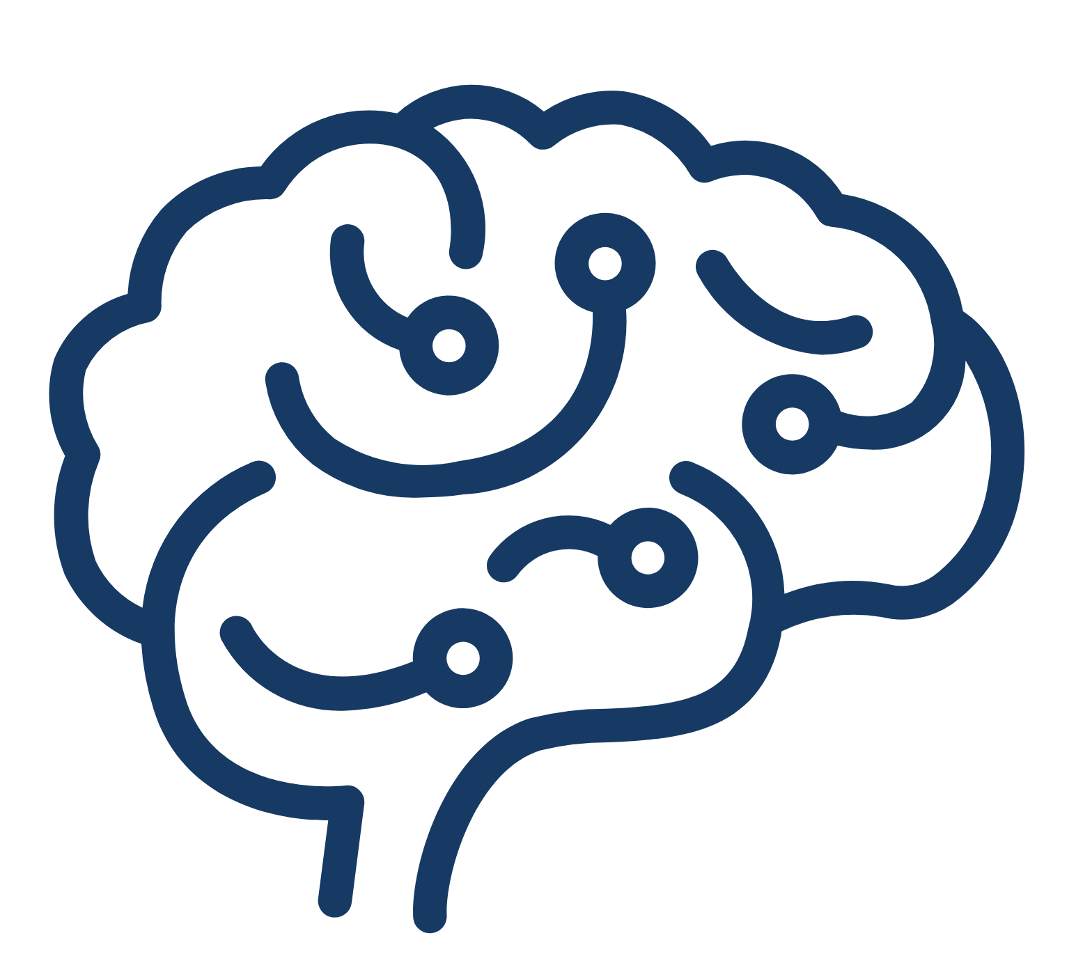 A navy icon of a brain from the side view with circles connected to each other